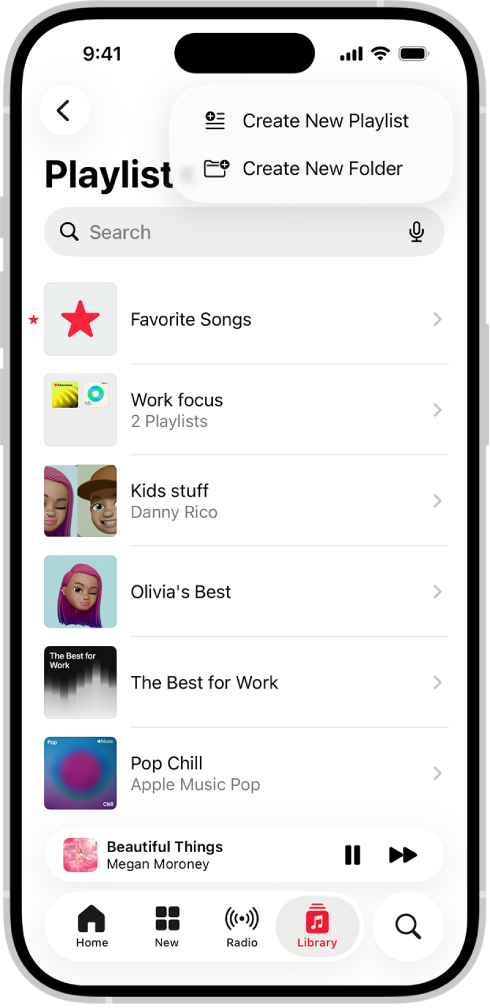La pestaña Biblioteca muestra la lista de playlists. En la parte superior hay botones para crear una nueva playlist o carpeta.