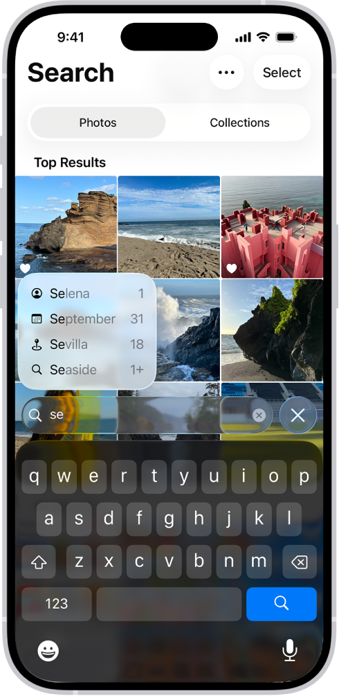 Pantalla Buscar de la app Fotos con sugerencias de búsqueda basadas en el texto introducido en el campo de búsqueda.