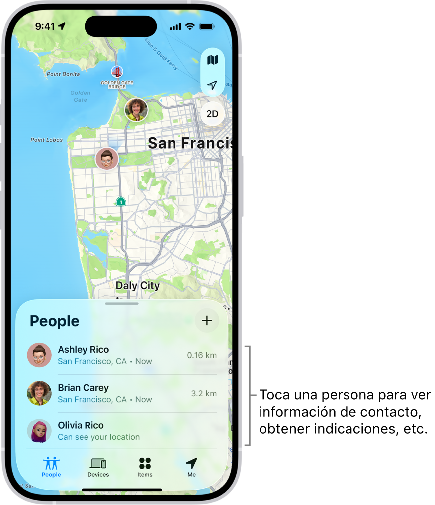 Pantalla Buscar abierta en la lista Personas. Hay cuatro personas en la lista: Cecilia Ruiz, Nora Telez, Christina Ruiz y Pedro Ruiz. Toca el botón Añadir en la parte superior de la lista Personas para compartir tu ubicación.