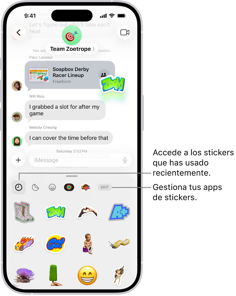 Debajo de una conversación hay stickers. Cada botón situado a lo largo de la parte superior de la tarjeta abre un paquete de stickers.