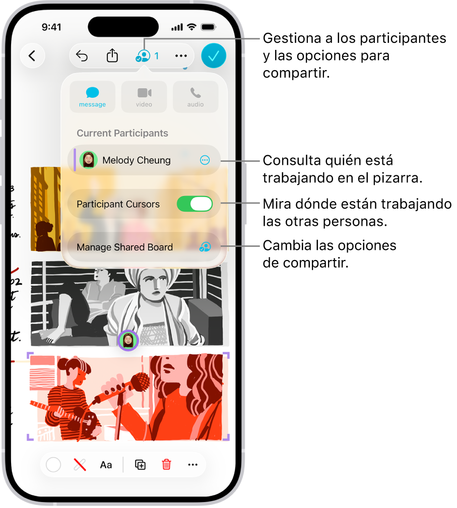 Una pizarra de Freeform compartida en el iPhone con el menú de colaboración abierto.
