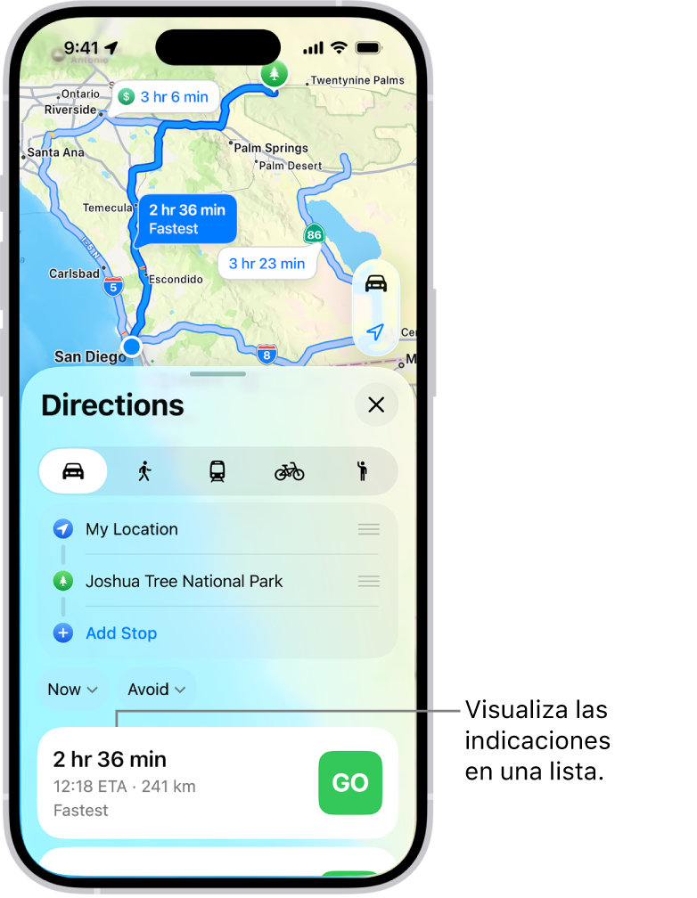 Tarjeta con varias opciones de ruta.