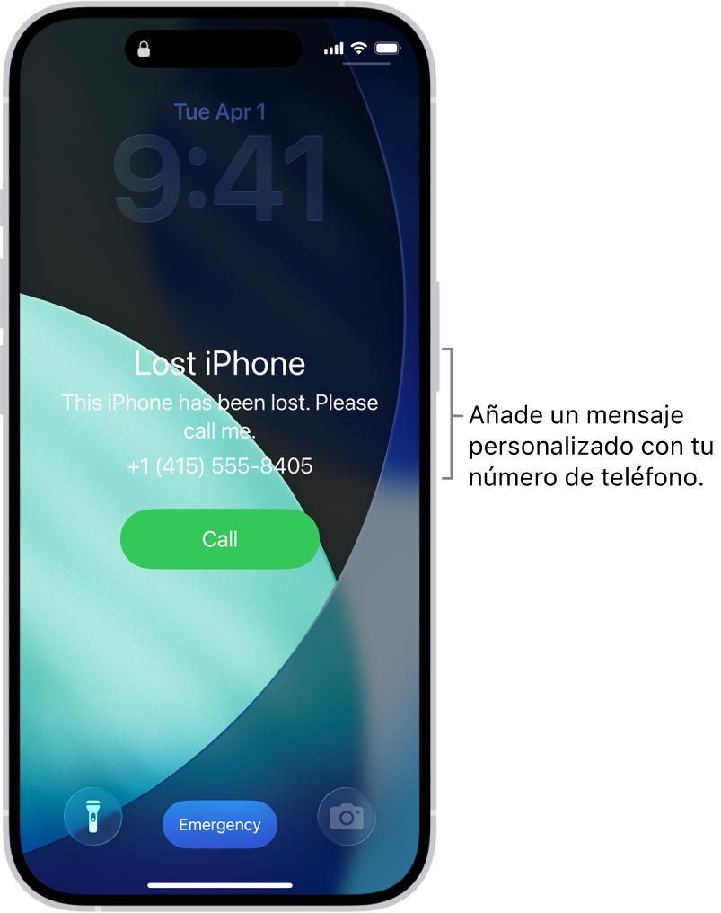 Pantalla de bloqueo con un mensaje de iPhone perdido. Puedes añadir un mensaje personalizado con tu número de teléfono.