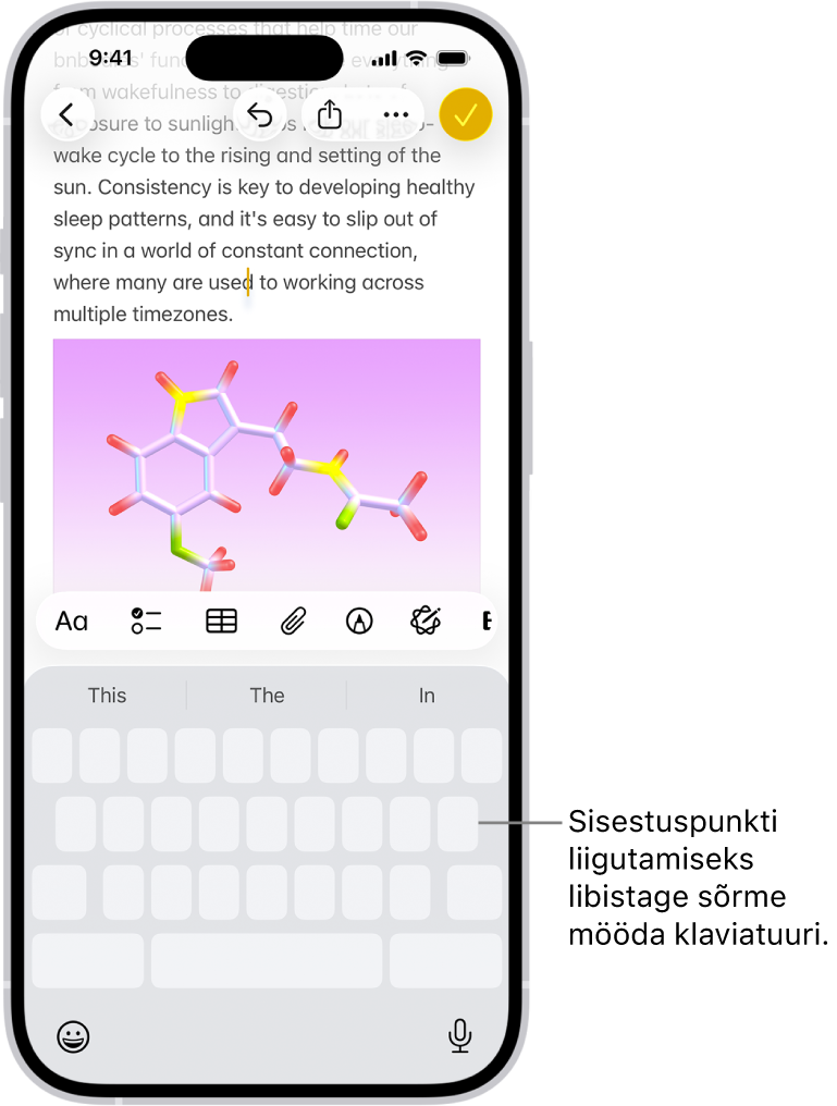 Rakenduses Notes on avatud dokument. Ekraani alumises pooles on puuteplaadi režiimis ekraaniklaviatuur.