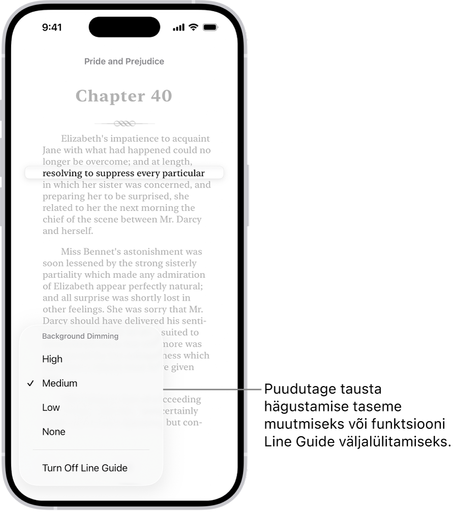 Rakenduses Books kuvatakse raamatu lehekülge. Üks tekstirida on tõstetud esile ning muu tekst on tuhmistatud. Ekraani alumises vasakus nurgas on nupp Line Guide Menu.