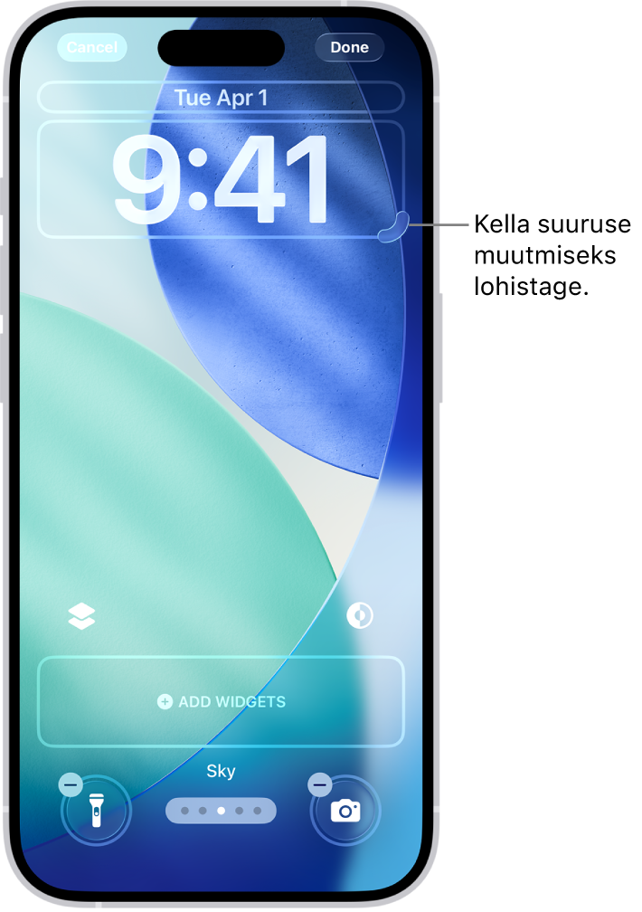 Kohandatud Lock Screen-kuva muutmise protsess. Valitud on kohandamiseks saadaolevad elemendid – kuupäev, kellaaeg ning nupp vidinate lisamiseks.