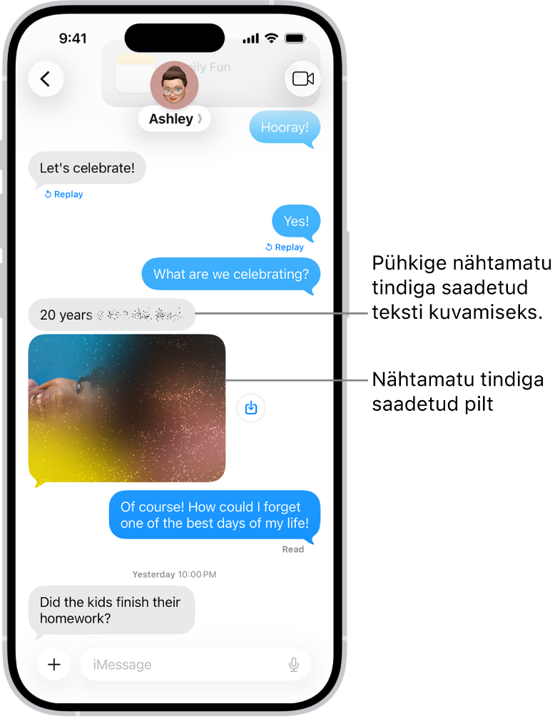 Messagesi vestluses on tekstsõnum ning Invisible Inki efektiga saadetud foto.