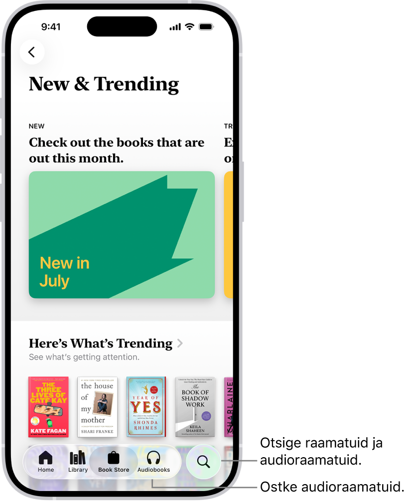 Rakenduse Books kuva Book Store. Ekraani allosas on (vasakult paremale) vahekaardid Home, Library, Book Store, Audiobooks ja Search. Valitud on vahekaart Book Store.