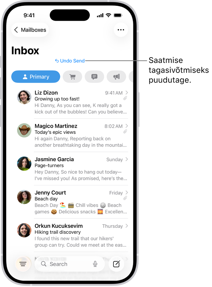 Postkastis kuvatakse e-kirjade loendit. Ekraanil on all keskel nupp Undo Send, mida saab kasutada hiljuti saadetud e-kirja tagasikutsumiseks.