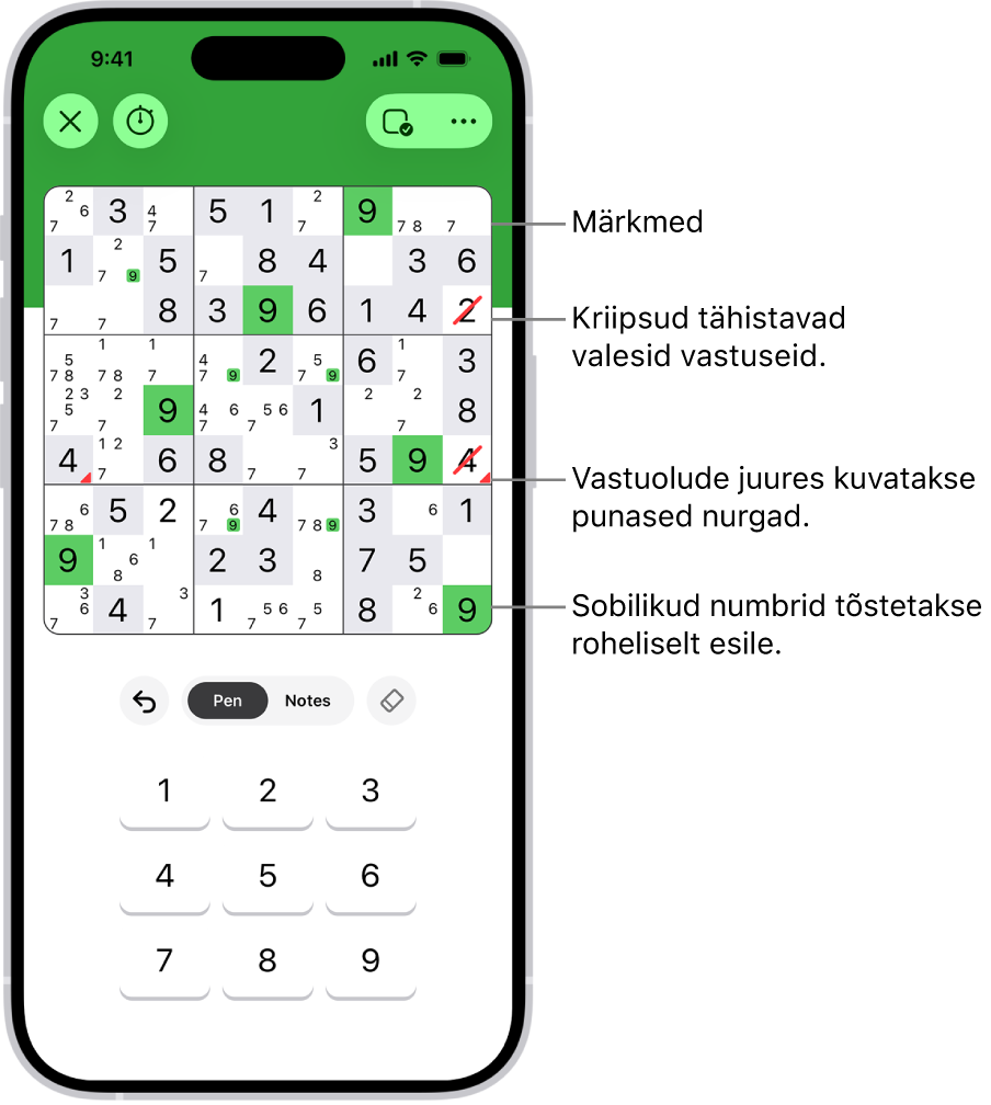 Sudoku mõistatus, kus on sisselülitatud mitu funktsiooni: Notes, Highlight Matching Numbers, Show Conflicts ja Autocheck.