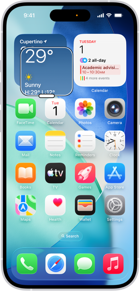 iPhonen näyttö, jossa näkyy Koti-valikko ja lähennetty ikkunan kohta.
