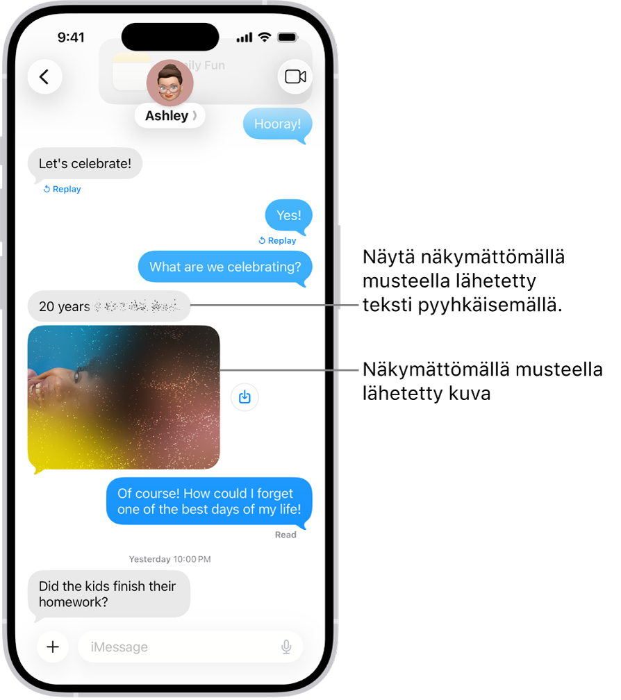 Keskustelu Viestit-apissa sisältää tekstiviestin ja kuvan, jotka on lähetetty näkymättömällä musteella.