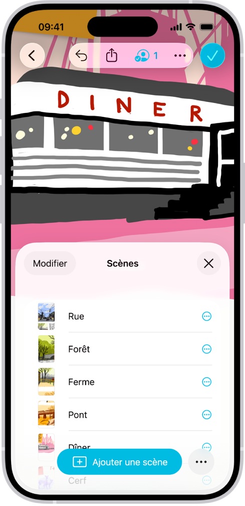 Un tableau Freeform avec le navigateur de scènes ouvert et plusieurs scènes enregistrées.
