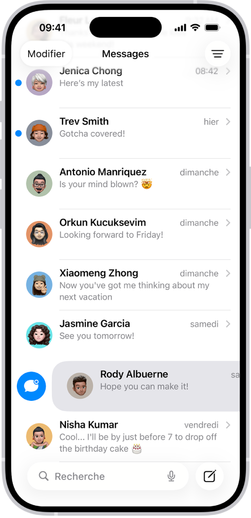 Liste des conversations de Messages avec deux messages non lus et un marqué comme non lu.