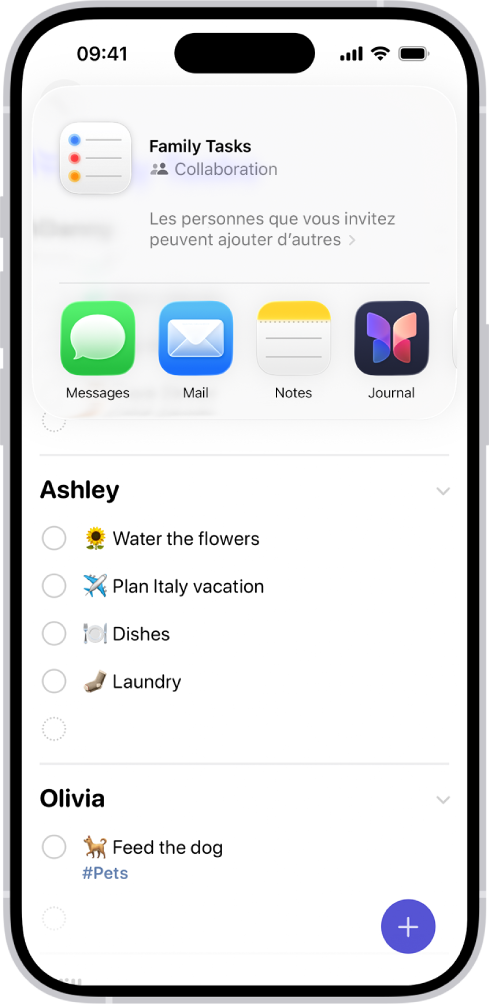 L’app Rappels, avec une liste de courses et des options de partage en bas de l’écran.