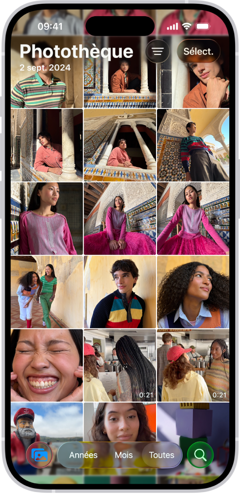 L’app Photos est ouverte sur la grille de la photothèque. En bas de l’écran, de gauche à droite, se trouvent les boutons permettant d’afficher la photothèque par Années, Mois et Tout. Dans le coin inférieur droit se trouve le bouton Rechercher.