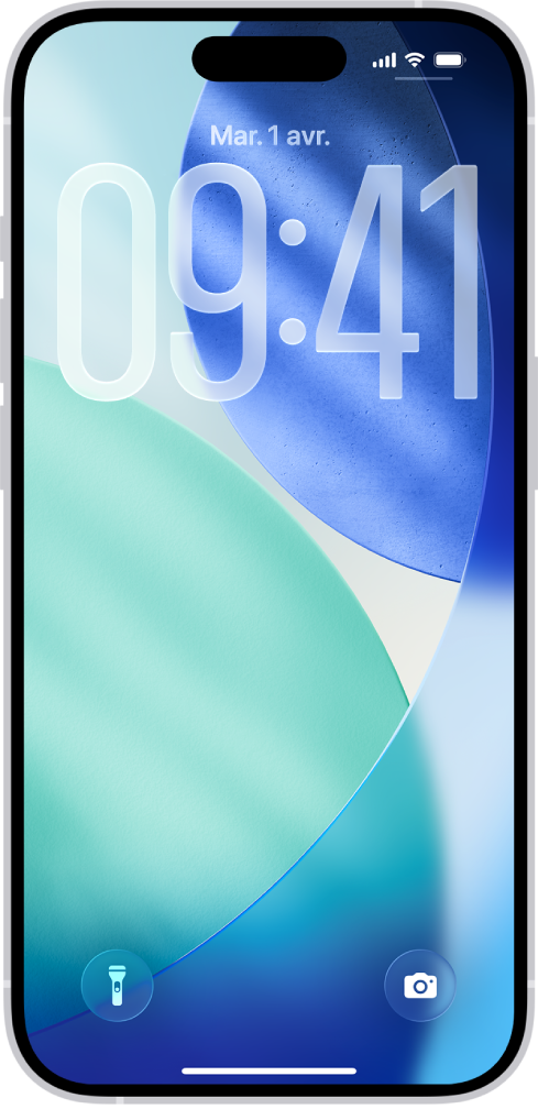 L’écran verrouillé de l’iPhone affichant la date et l’heure dans la partie supérieure ainsi que des icônes pour la lampe torche et l’appareil photo dans la partie inférieure.