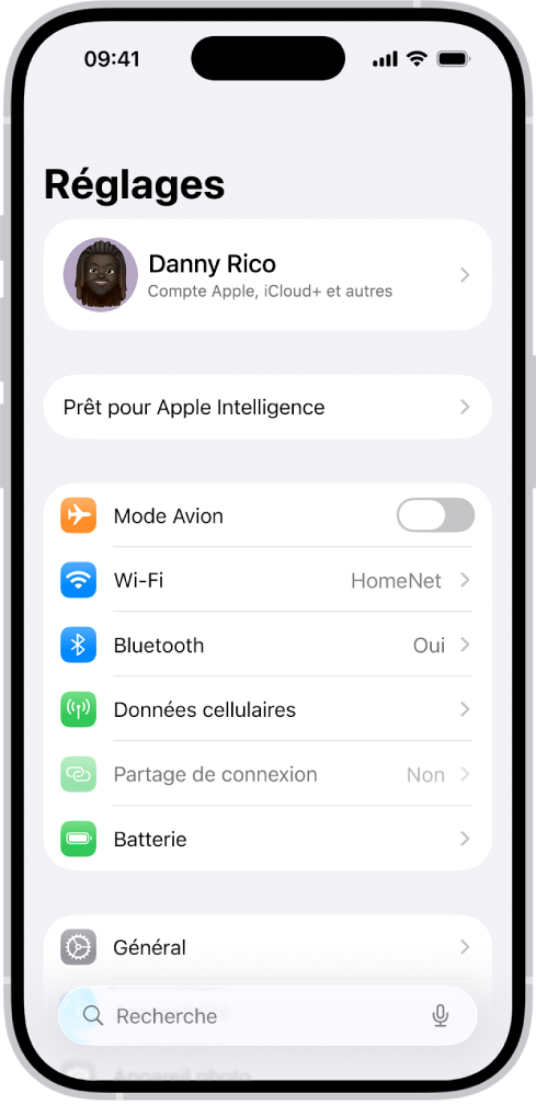 Écran Réglages avec le champ de recherche en haut et plusieurs réglages dessous, tels que Wi-Fi, Notifications et « Sons et vibrations ».