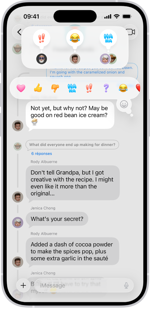 Une conversation Messages avec des attributions de tapbacks visibles en haut de l’écran et le menu Tapbacks visible au-dessus d’un message.