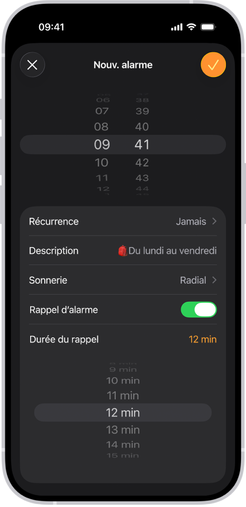 L’écran Ajouter une alarme de l’app Horloge. Le Rappel est activé et la durée du rappel est définie sur une durée personnalisée de 12 minutes.