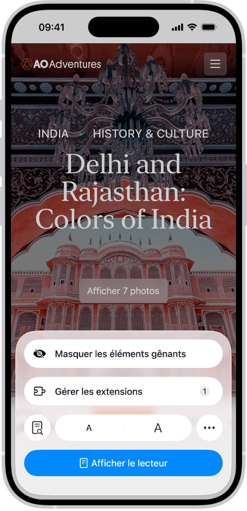 Dans Safari, l’utilisateur touché le bouton Menu de la page sur un site web, ce qui affiche des options, comme Gérer les extensions en bas de l’écran.