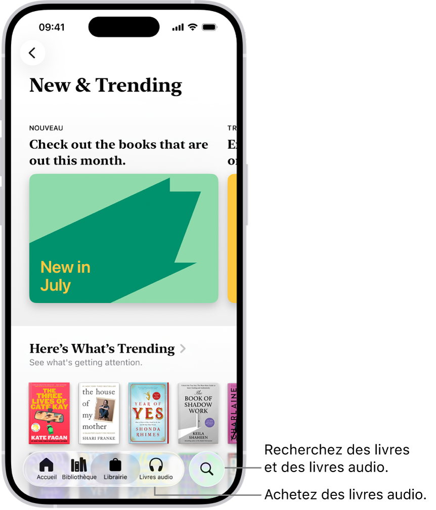 L’écran Librairie dans l’app Livres. En bas de l’écran se trouvent, de gauche à droite, les onglets Accueil, Bibliothèque, Librairie, Livres audio et Rechercher. L’onglet Librairie est sélectionné.