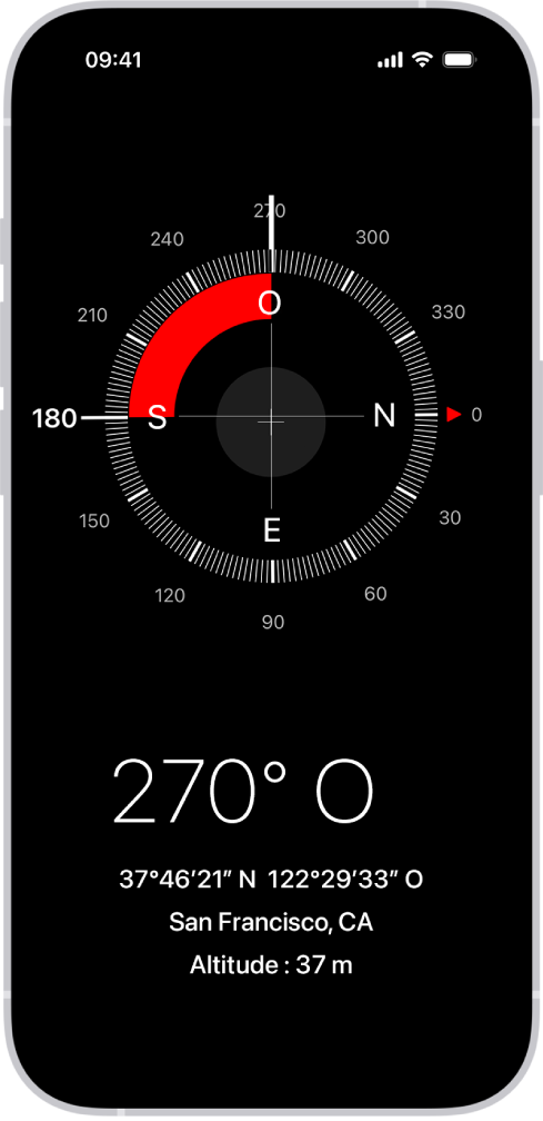 L’écran Boussole affichant la direction vers laquelle l’iPhone est orienté, la position et l’altitude actuelles.