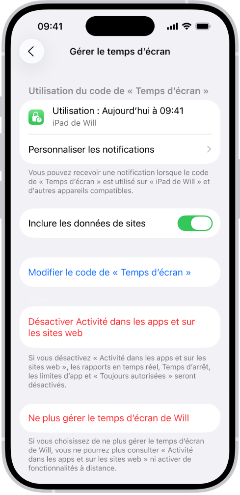L’écran Gérer le temps d’écran pour un enfant dans une famille. Dans la partie supérieure de l’écran, la dernière utilisation du code est affichée, ainsi que l’appareil sur lequel il a été utilisé.