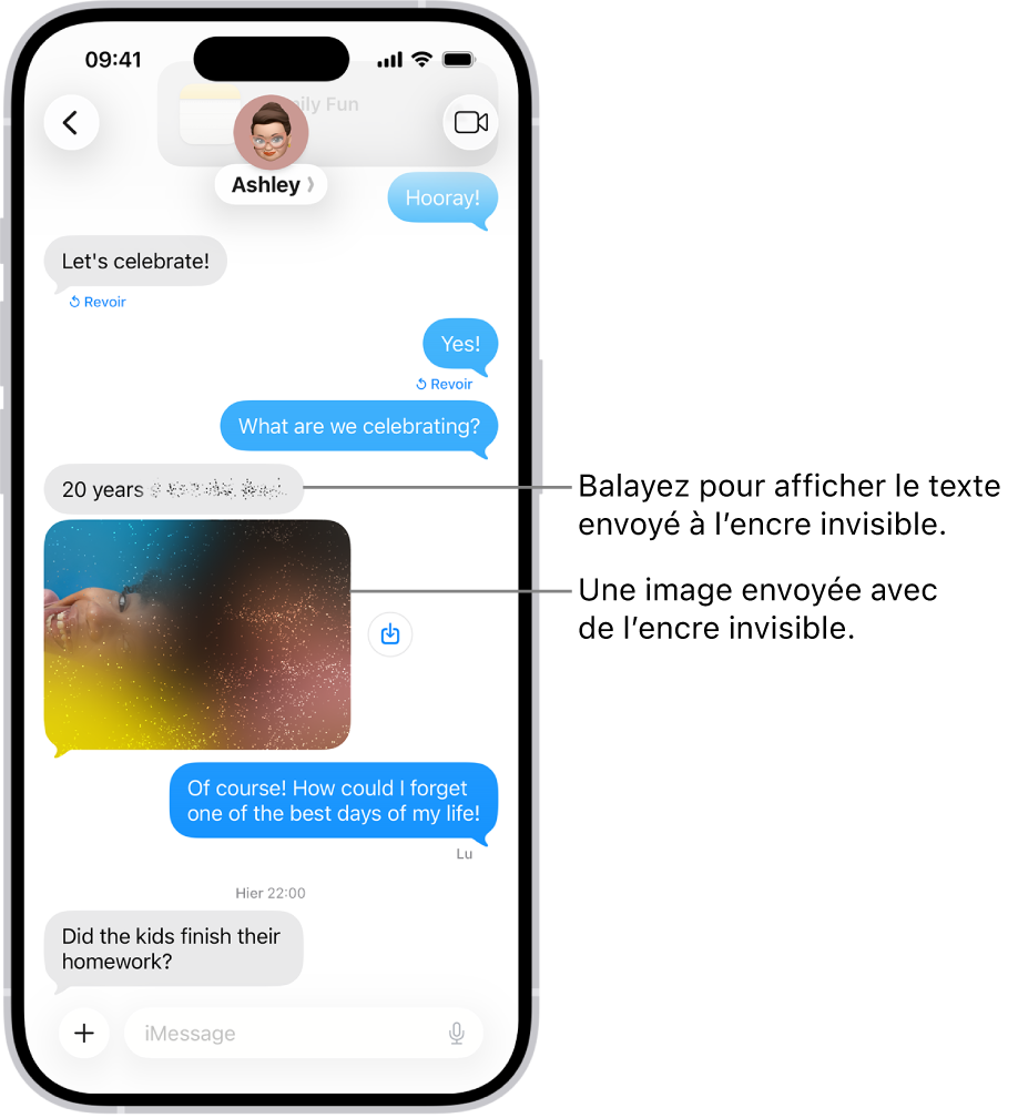 Une conversation dans Messages avec un SMS et une photo envoyés avec l’effet Encre invisible.
