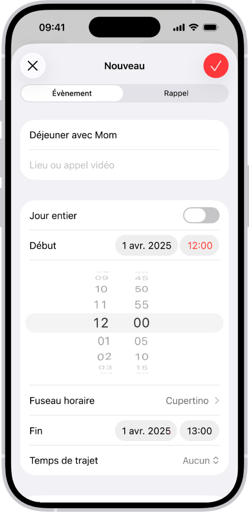 Évènement de calendrier affichant les réglages pour l’heure et le fuseau horaire de l’évènement.