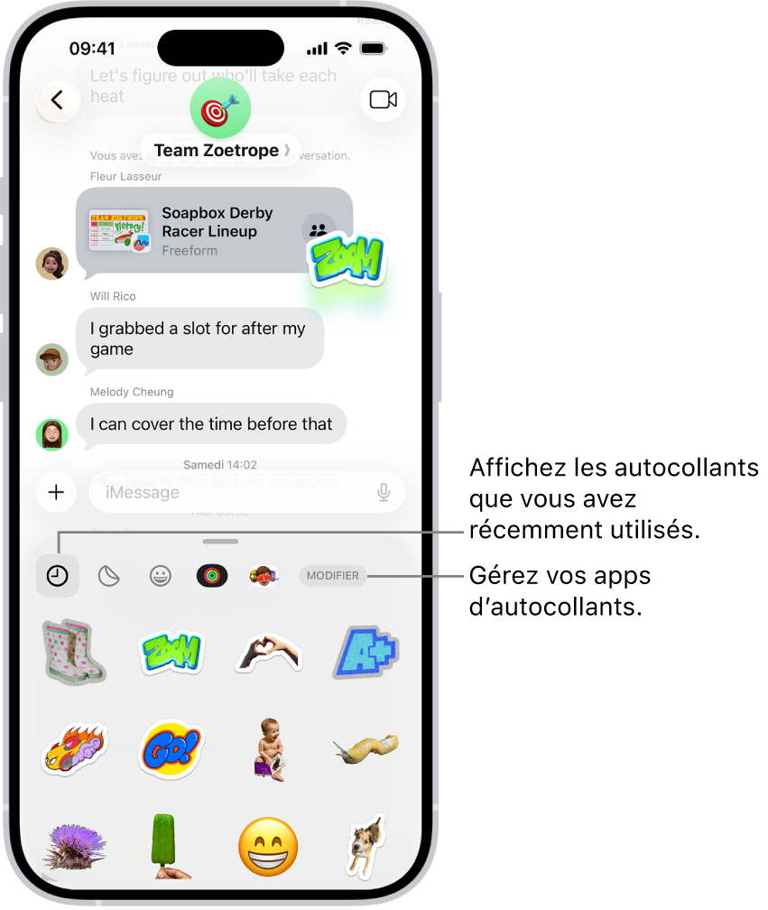 Les autocollants s’affichent sous une conversation. Chaque bouton situé en haut de la fiche ouvre un paquet d’autocollants.