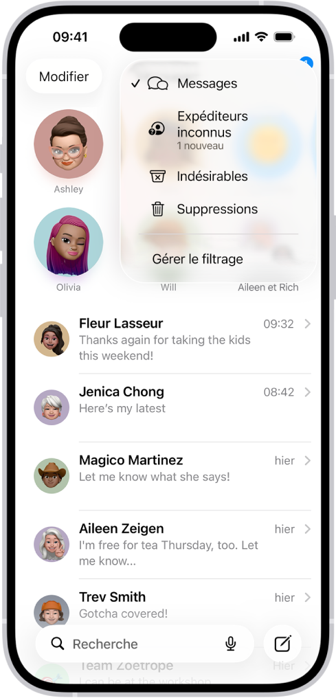 Une liste de conversations dans Messages. Tous les messages sont affichés, car aucun filtre n’est sélectionné dans le menu Filtrer.