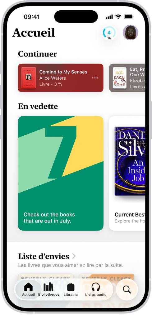 L’écran Accueil dans l’app Livres. En bas de l’écran se trouvent, de gauche à droite, les onglets Accueil, Bibliothèque, Librairie, Livres audio et Rechercher. L’onglet Accueil est sélectionné.