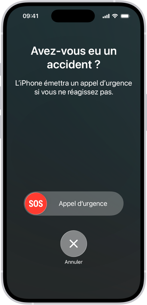 L’écran de détection des accidents affichant une notification indiquant que vous avez eu un accident, suivie d’un curseur Appel d’urgence SOS et d’un bouton d’annulation.