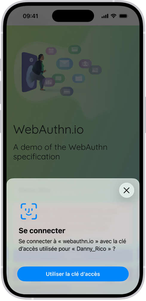 La partie inférieure de l’écran de l’iPhone offre la possibilité d’utiliser une clé d’accès pour se connecter à un site web.