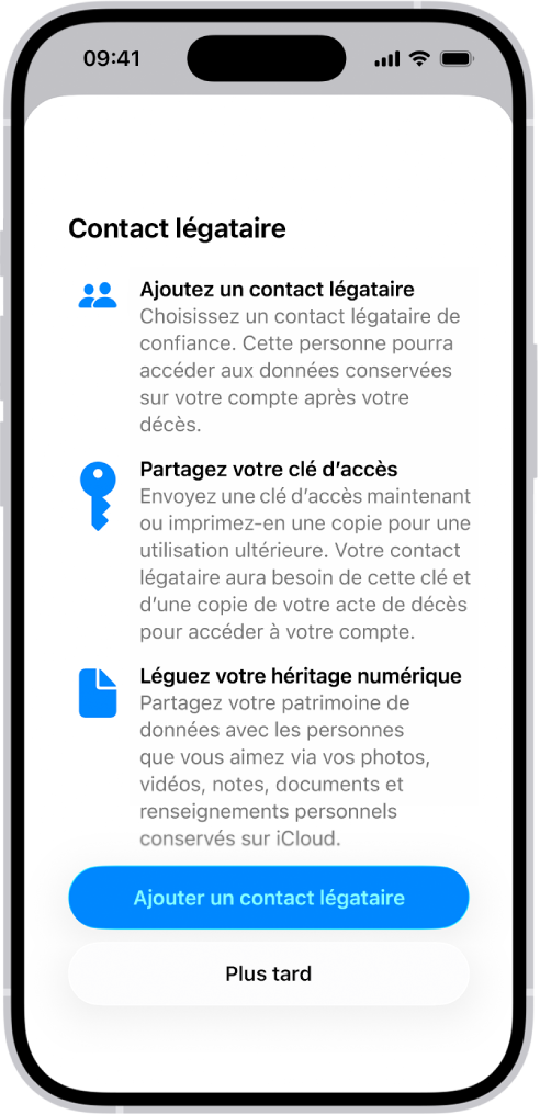 L’écran « Ajouter un contact de récupération » affichant des suggestions de contact de récupération, ainsi qu’une option permettant de choisir une autre personne.