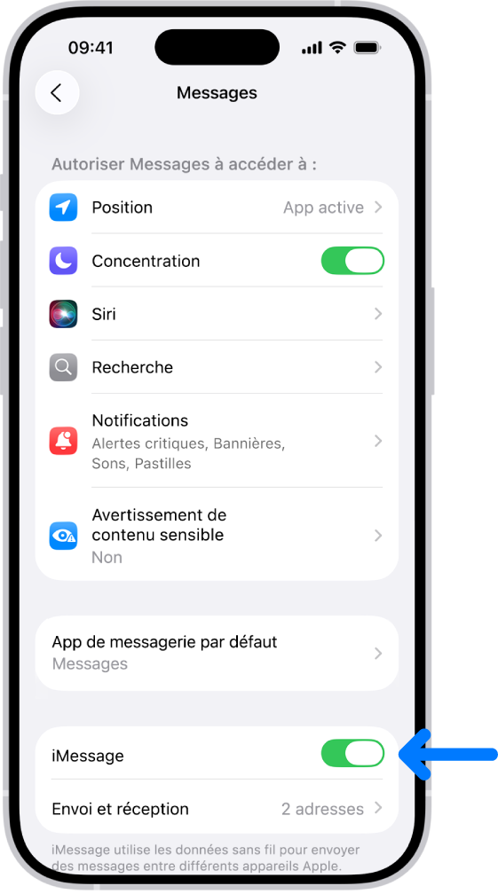 La sous-fenêtre des réglages Messages avec iMessage activé.