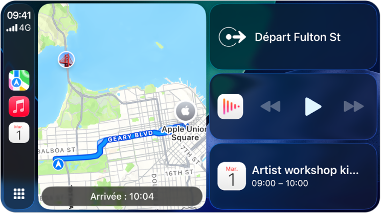 Un tableau de bord CarPlay affichant Plans, Musique et Messages dans la barre latérale. Sur la droite se trouvent un plan d’Apple Park, une fenêtre de navigation et une fenêtre « À l’écoute ».