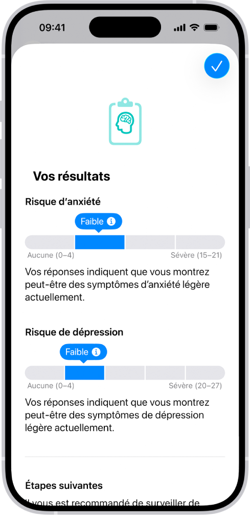 Écran dans l’app Santé affichant les résultats d’un questionnaire sur la santé mentale.