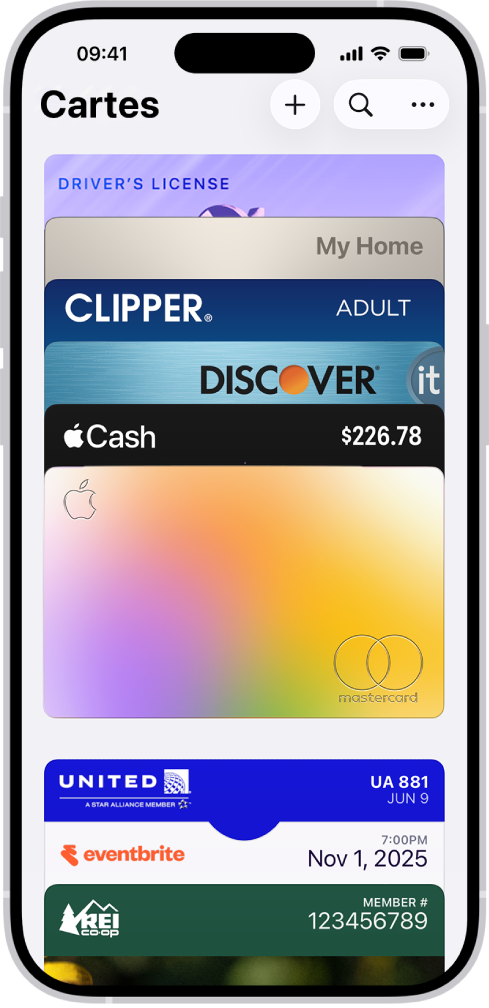 L’écran Cartes affichant plusieurs cartes (de paiement ou autres).