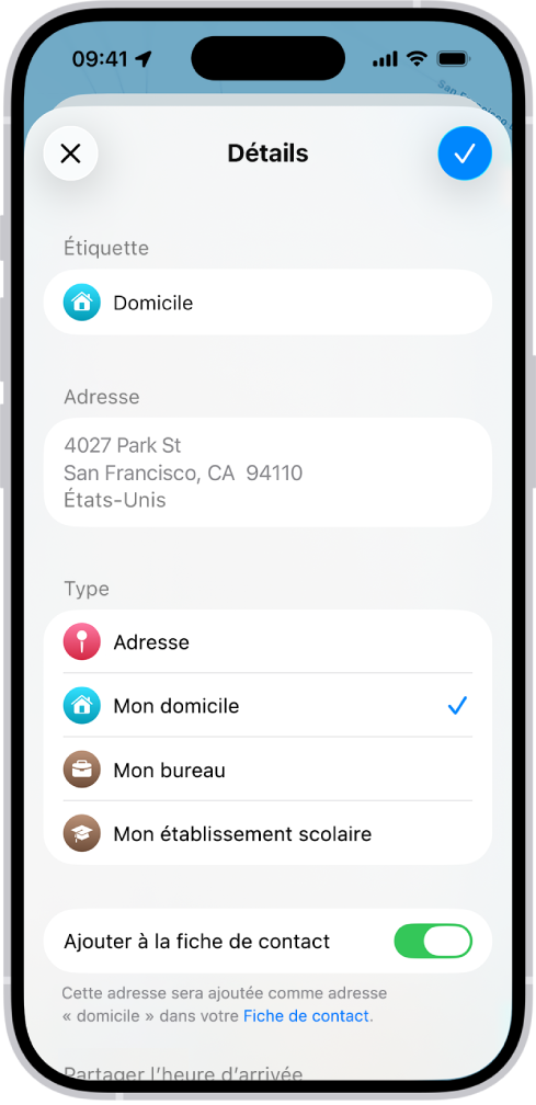 L’app Plans affichant l’écran des détails avec des options permettant de définir une adresse de domicile, de travail ou d’établissement scolaire.