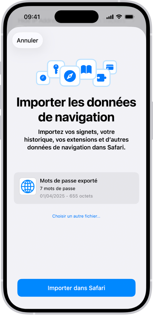 Écran Importer les données de navigation affichant le fichier CSV de mots de passe provenant d’un autre gestionnaire de mots de passe à importer.