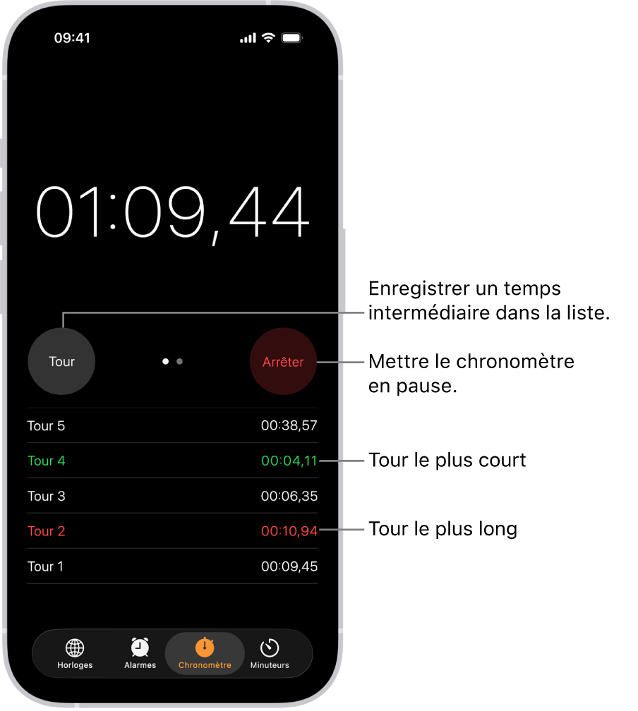 Un chronomètre de l’app Horloge affiche le temps global passé dans un évènement. En dessous sont indiqués plusieurs tours liés à cet évènement.