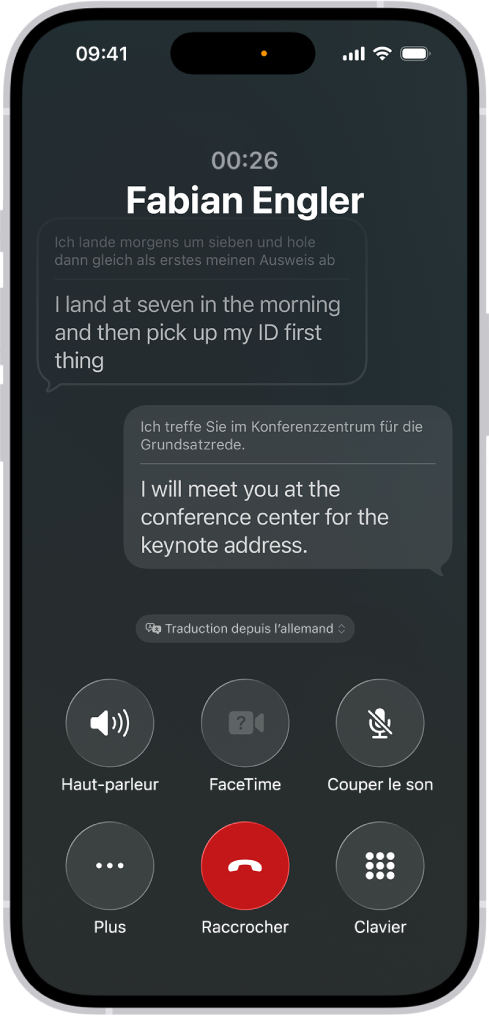 Un appel téléphonique dans l’app Téléphone montrant une conversation traduite de l’allemand vers l’anglais.