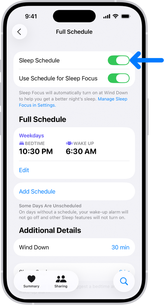 આરોગ્ય ઍપમાં ઉપર ચાલુ સ્લીપ શેડ્યૂલ સાથેની ફુલ શેડ્યૂલ સ્લીપ સ્ક્રીન.
