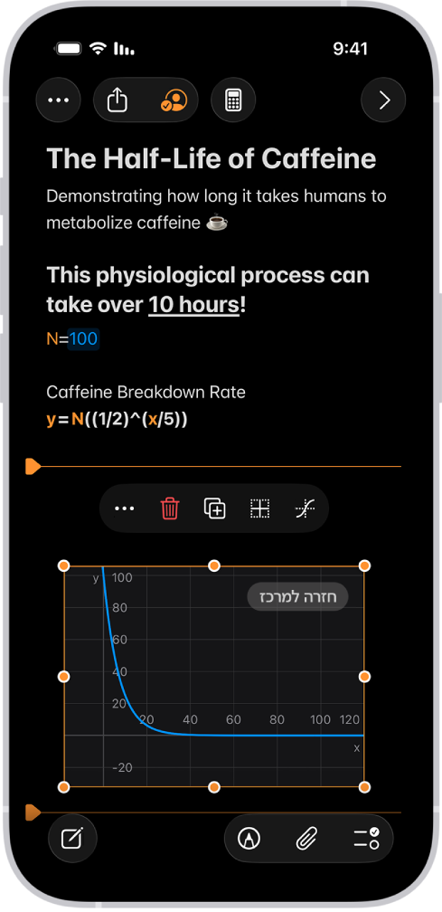 ״פתק מתמטיקה״ פתוח ב״מחשבון״ עם משתנה מוצהר, משוואה וגרף.
