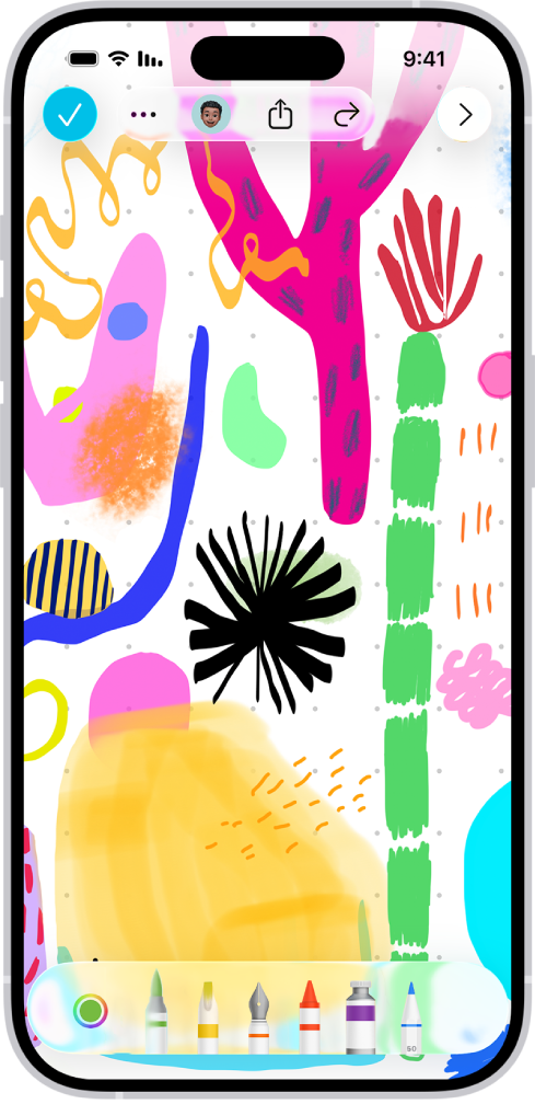 התפריט כלי ציור של היישום Freeform פתוח ב-iPhone. הלוח כולל כתב יד וציורים.