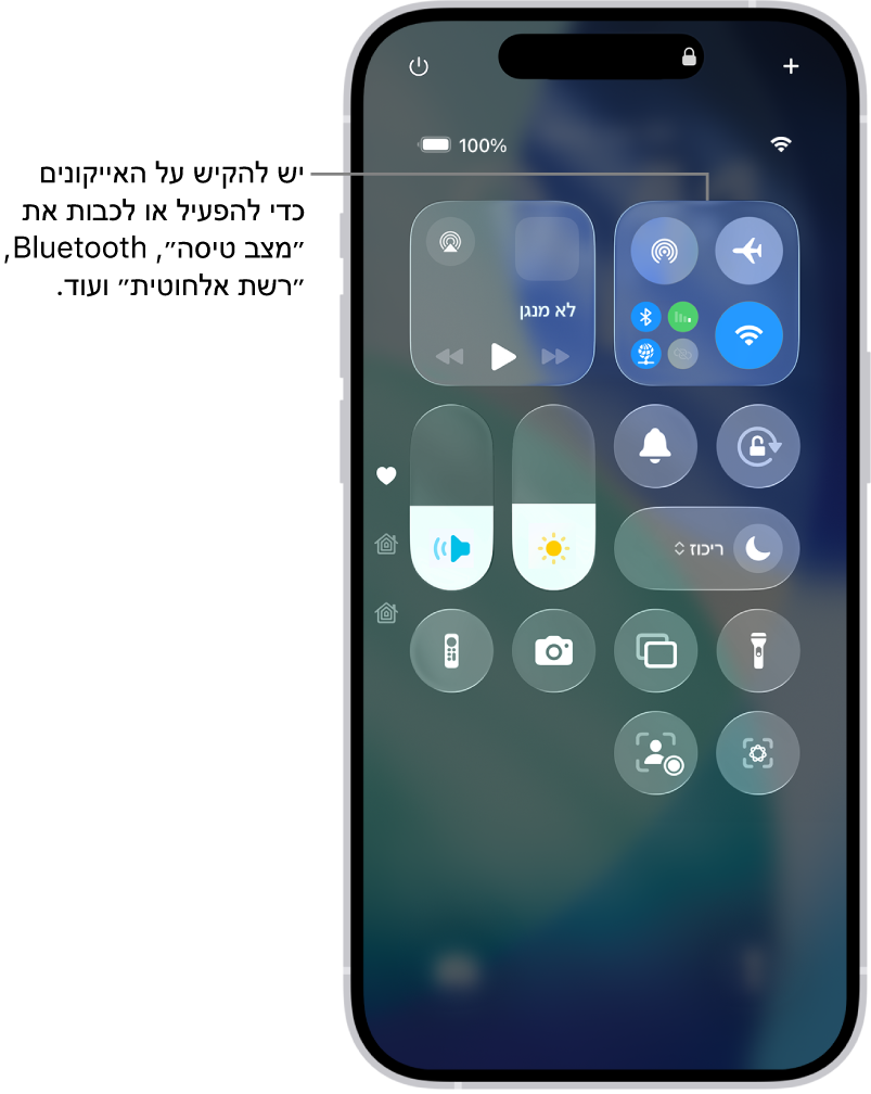 מסך ״מרכז הבקרה״ המראה שהקשה על הכפתור השמאלי העליון מפעילה את ״מצב טיסה״.