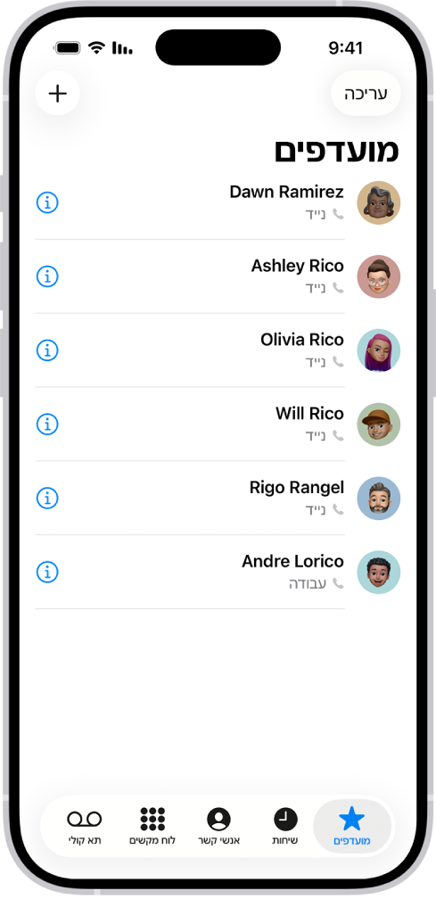המסך ״מועדפים״ ביישום ״אנשי קשר״; ששה אנשי קשר מופיעים ברשימת המועדפים.