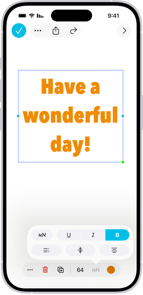 לוח של Freeform שבו נבחרה תיבת מלל, וכלי עיצוב המלל מופיעים מתחתיה.